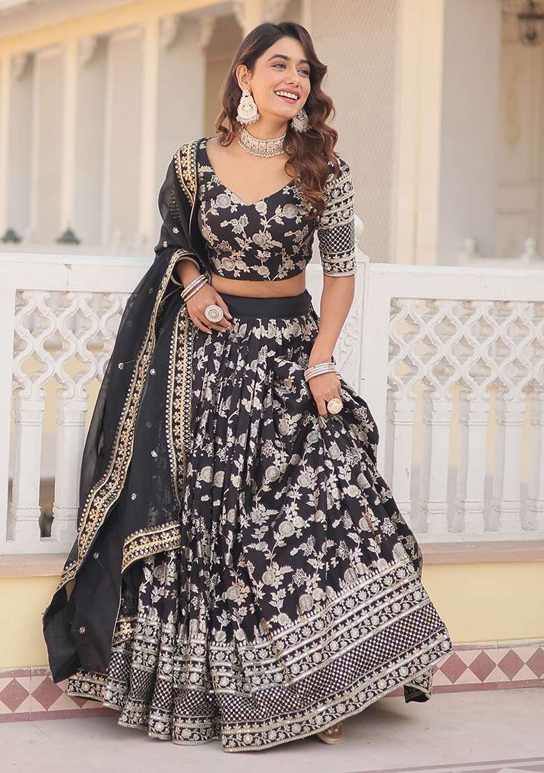 Black Embroidered Jacquard Lehenga Set for Diwali and Festive Wear - Indya