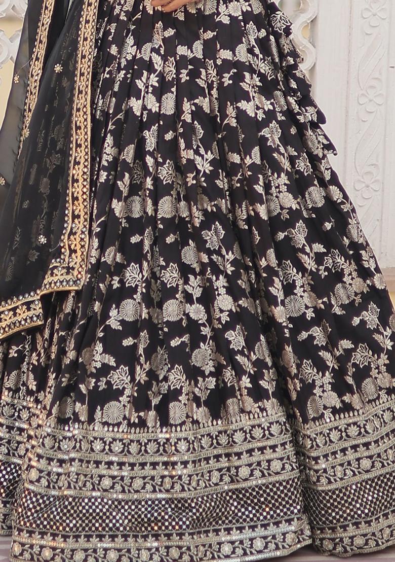 Black Embroidered Jacquard Lehenga Set