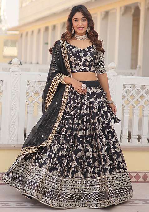 Black Embroidered Jacquard Lehenga Set for Diwali and Festive Wear
