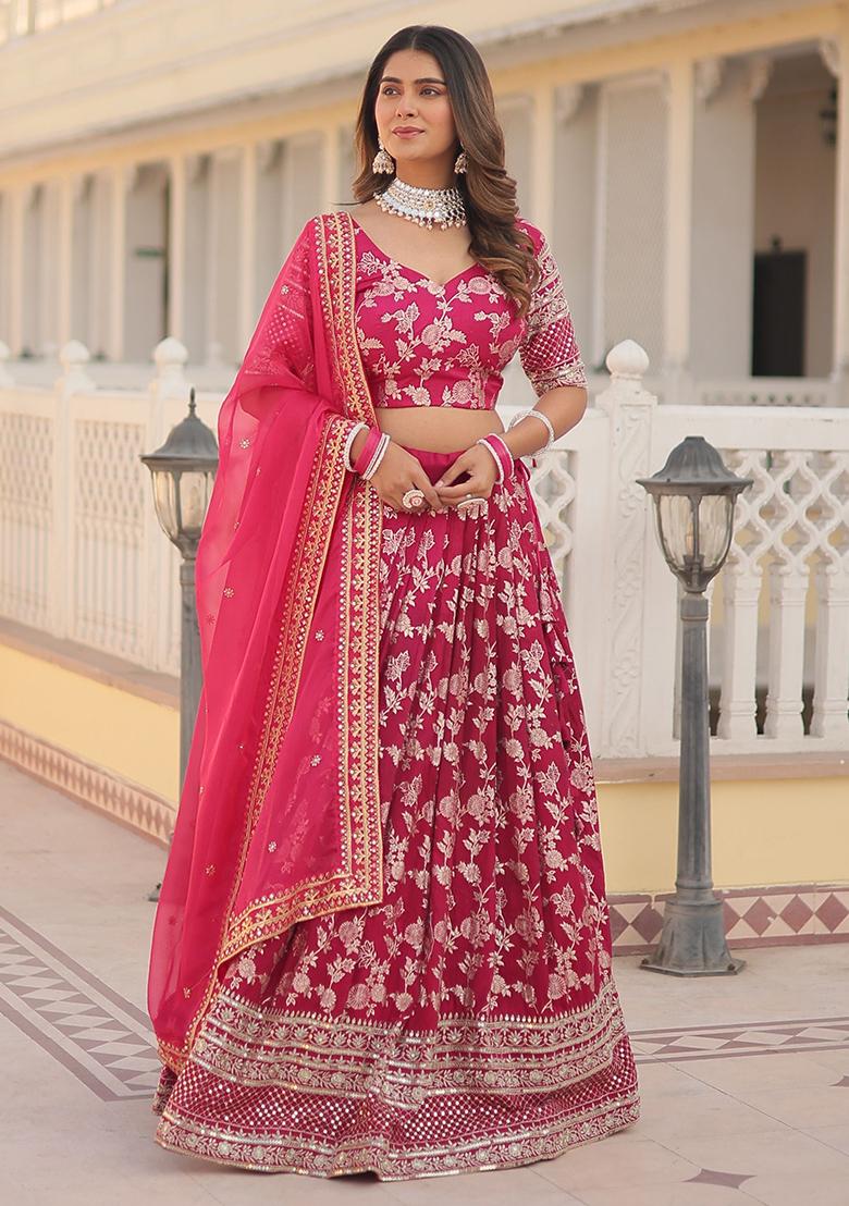 Pink Embroidered Jacquard Lehenga Set