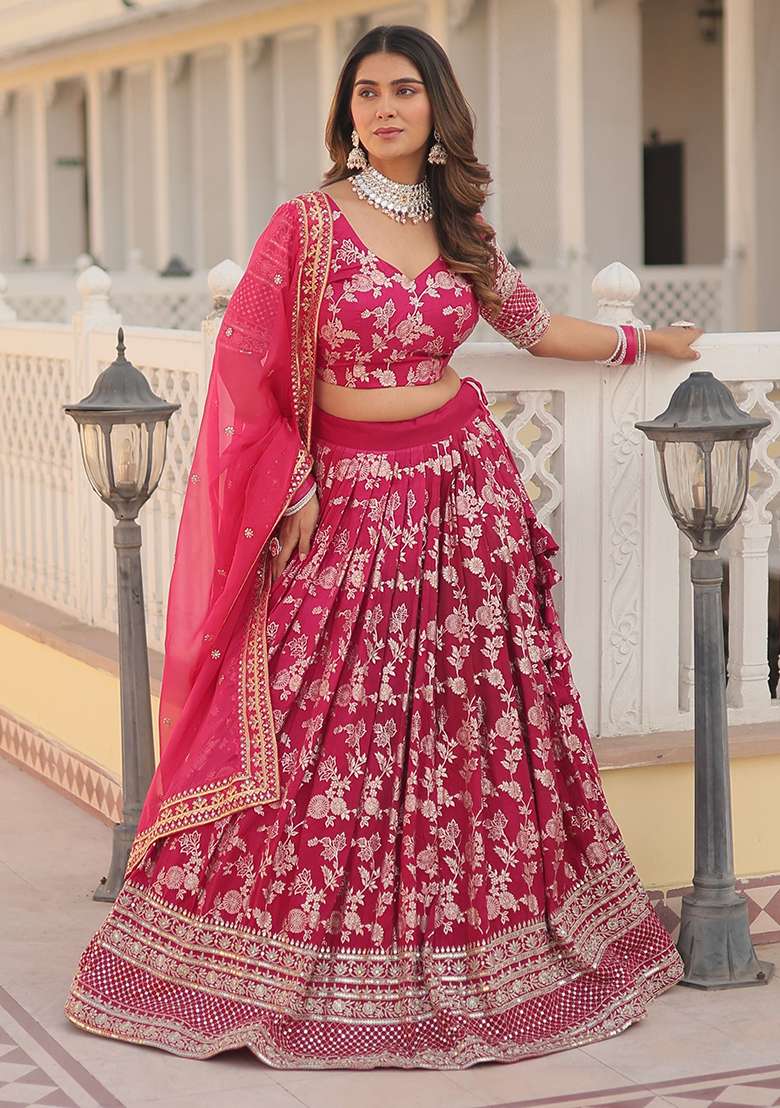 Pink Embroidered Jacquard Lehenga Set for Diwali and Festive Wear - Indya