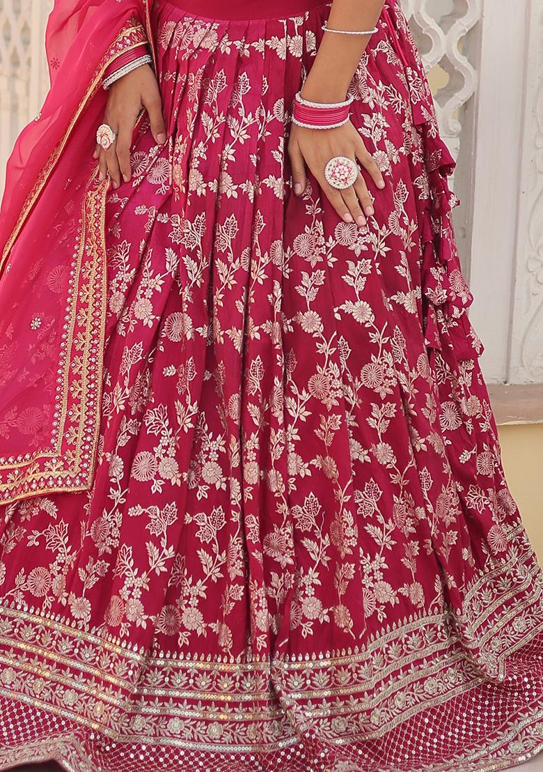 Pink Embroidered Jacquard Lehenga Set