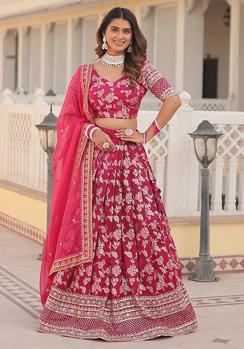 Pink Embroidered Jacquard Lehenga Set — view on Indya