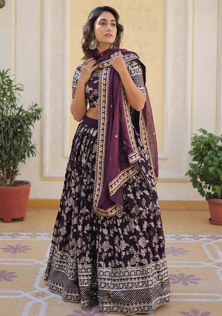 Wine Embroidered Jacquard Lehenga Set