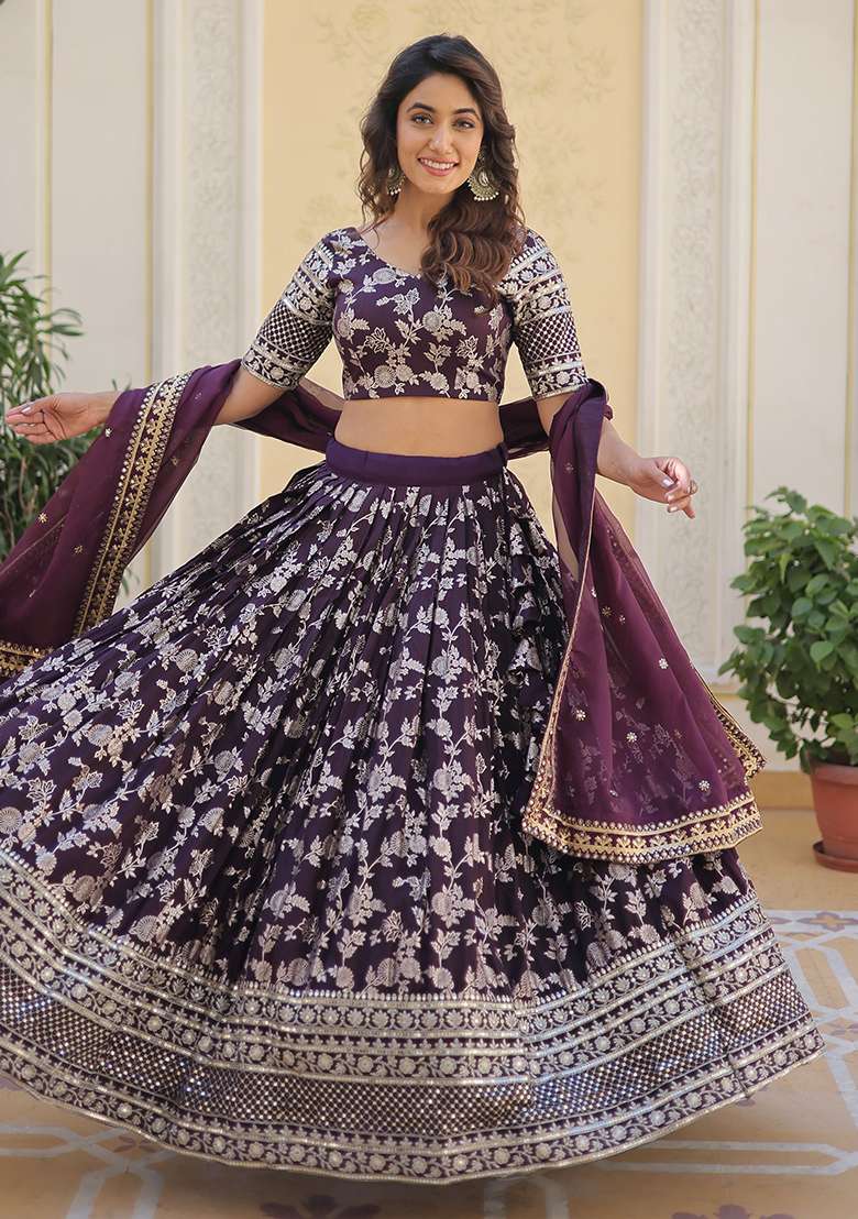 Wine Embroidered Jacquard Lehenga Set for Diwali and Festive Wear - Indya