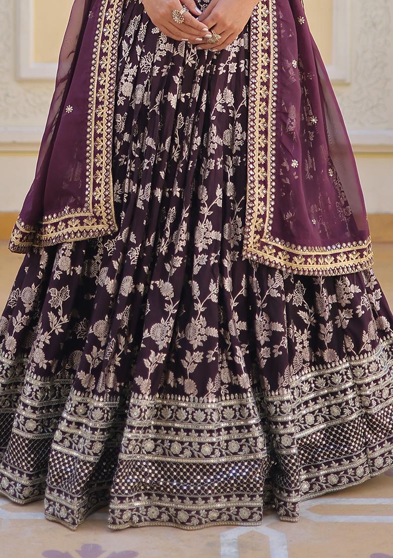 Wine Embroidered Jacquard Lehenga Set