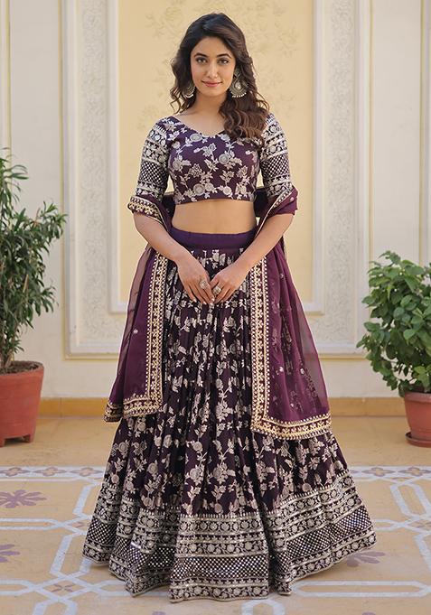 Wine Embroidered Jacquard Lehenga Set — view on Indya