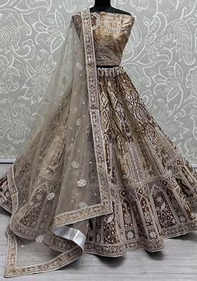Brown Embroidered Velvet Lehenga Set