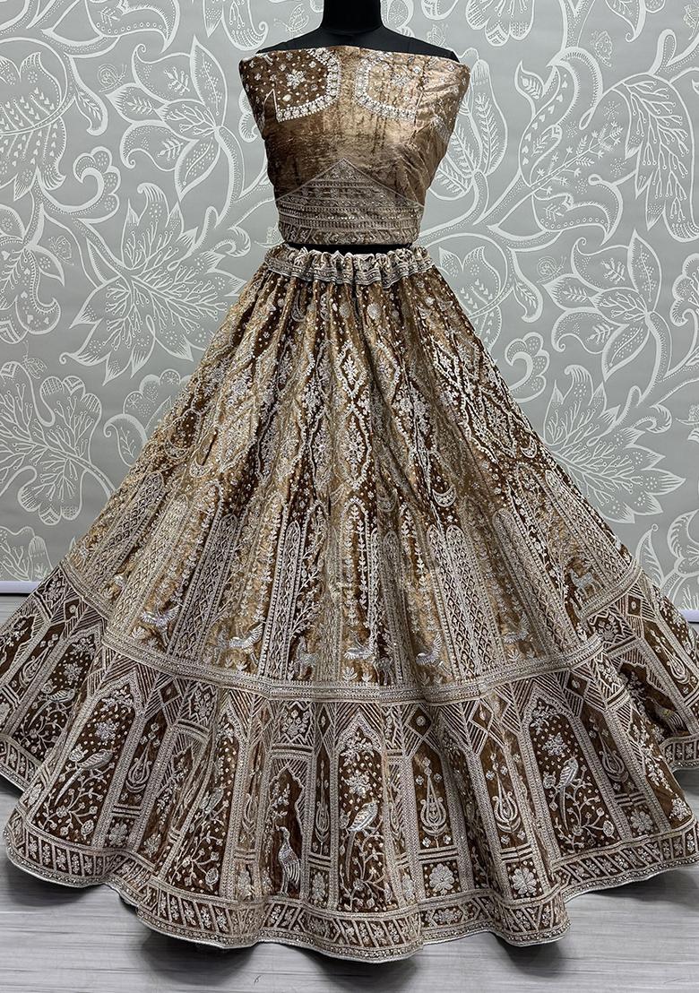 Brown Embroidered Velvet Lehenga Set