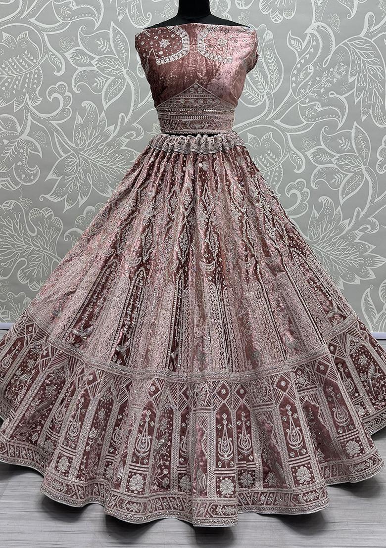 Pink Embroidered Velvet Lehenga Set