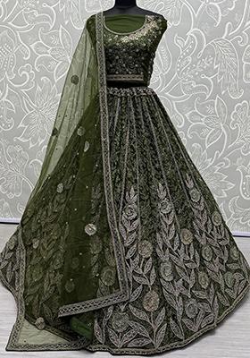 Green Embroidered Net Lehenga Set