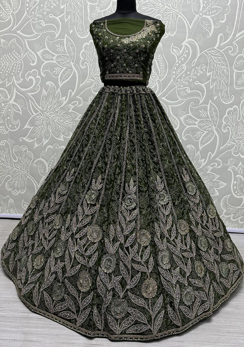 Green Embroidered Net Lehenga Set