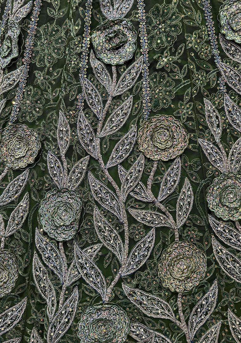 Green Embroidered Net Lehenga Set