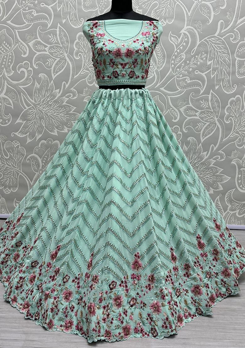 Green Embroidered Georgette Lehenga Set