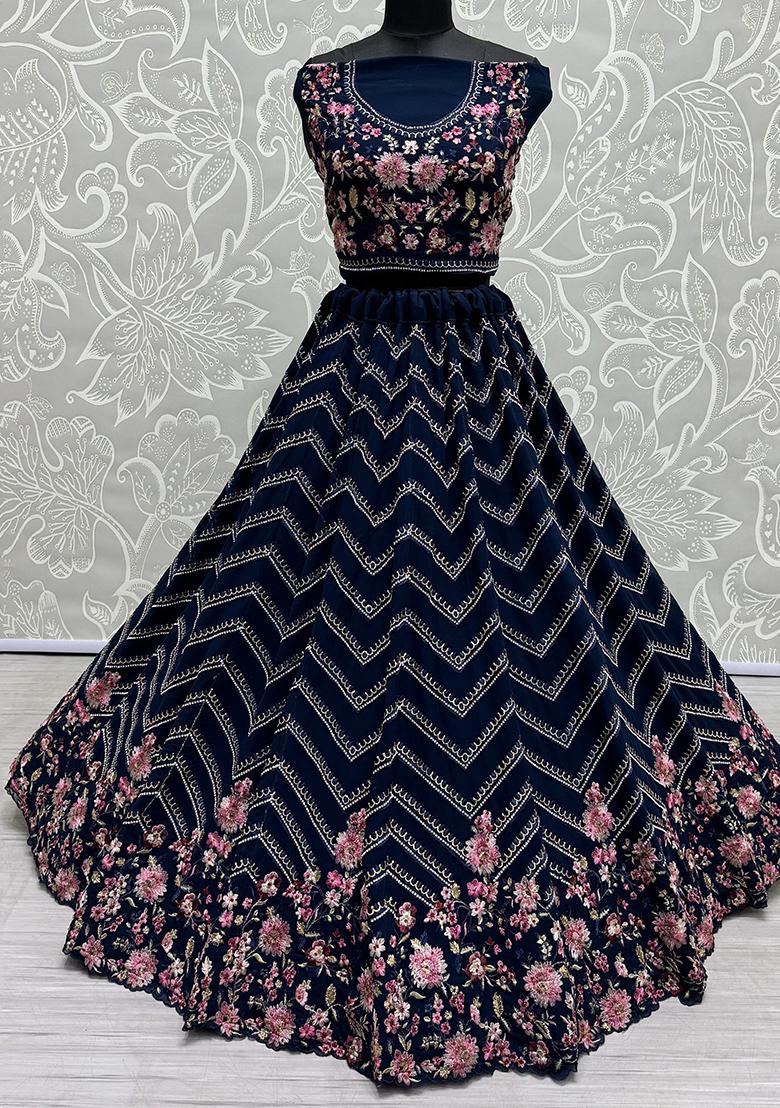 Navy Blue Embroidered Georgette Lehenga Set