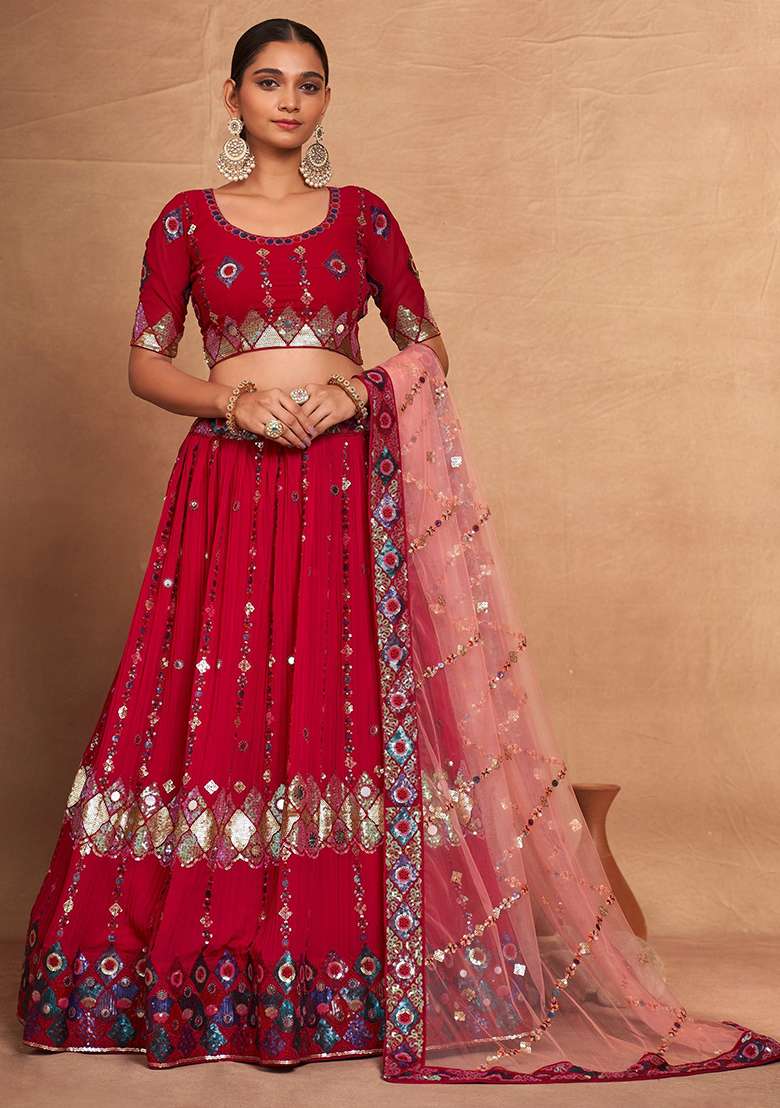 Pink Sequin Embroidered Georgette Lehenga Set - Indya