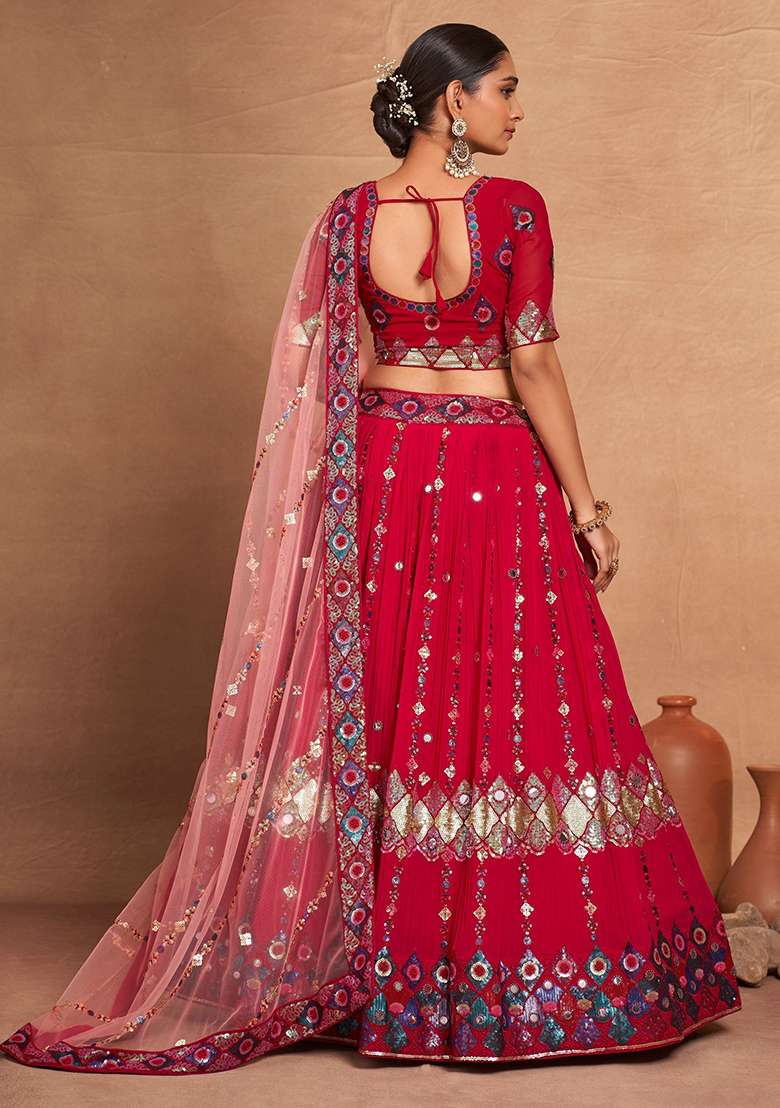 Pink Sequin Embroidered Georgette Lehenga Set - Indya