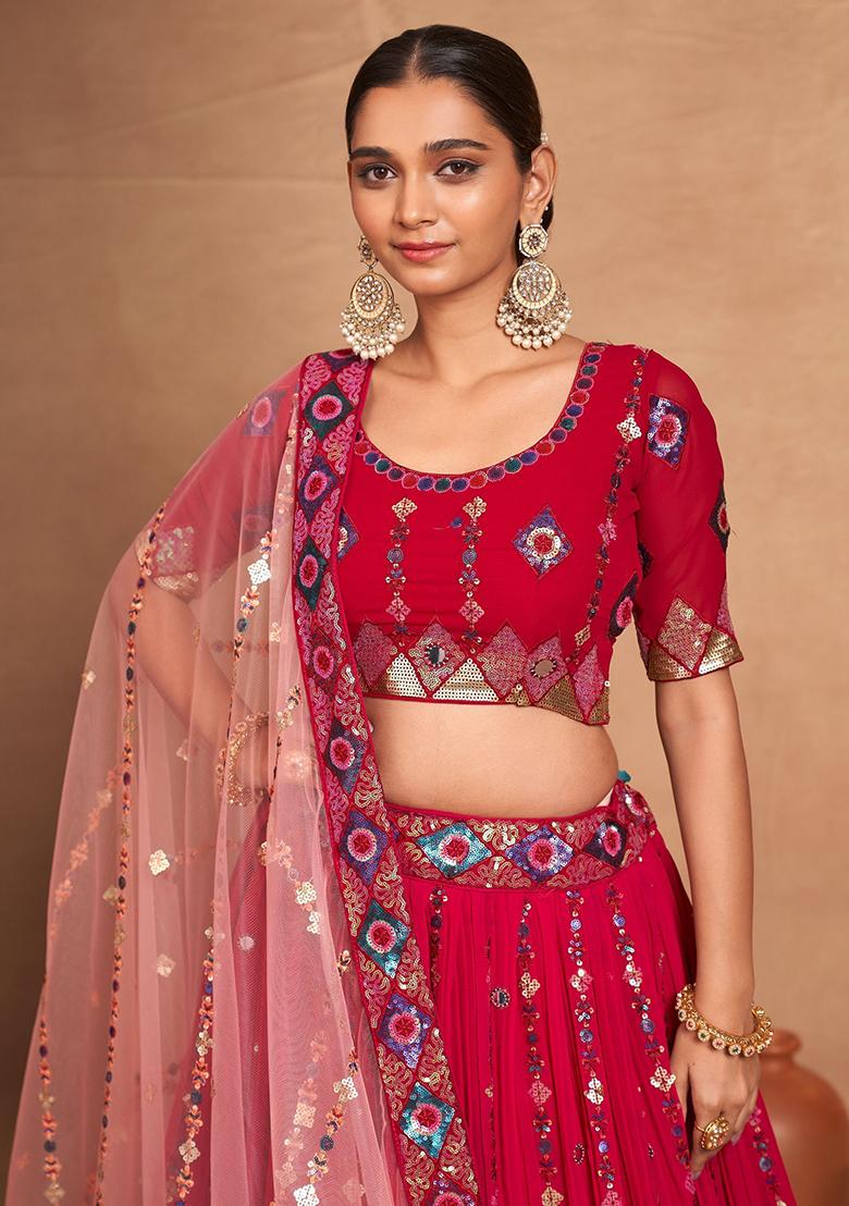 Pink Sequin Embroidered Georgette Lehenga Set