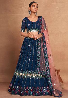 Blue Embroidered Georgette Lehenga Set