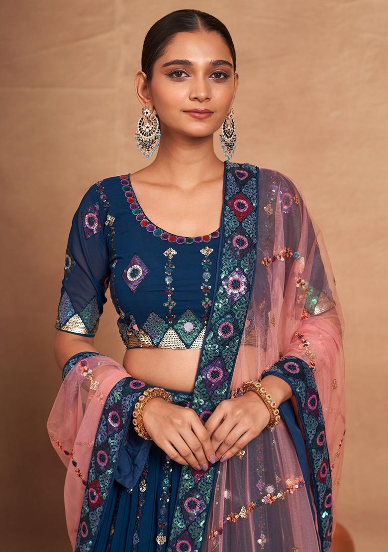 Blue Embroidered Georgette Lehenga Set