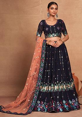 Navy Blue Embroidered Georgette Lehenga Set