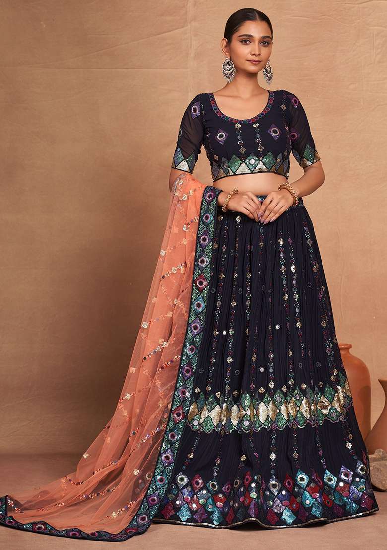 Navy Blue Embroidered Georgette Lehenga Set - Indya