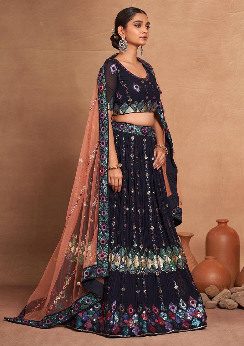 Navy Blue Embroidered Georgette Lehenga Set