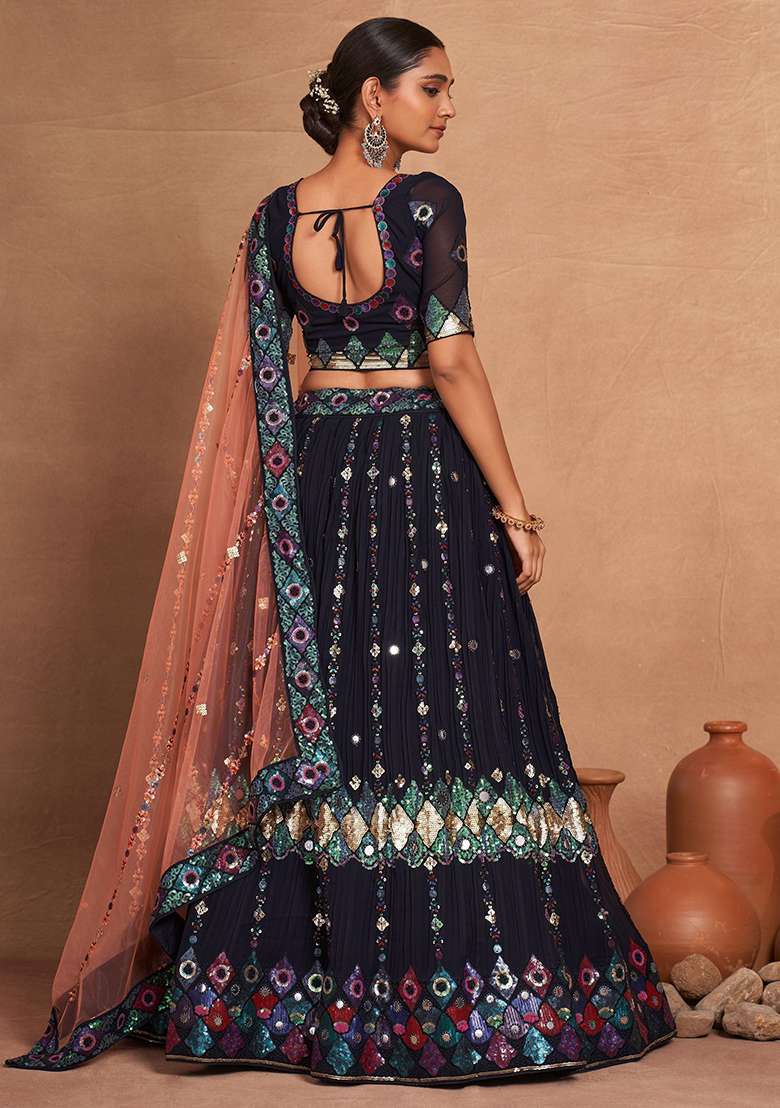 Navy Blue Embroidered Georgette Lehenga Set - Indya