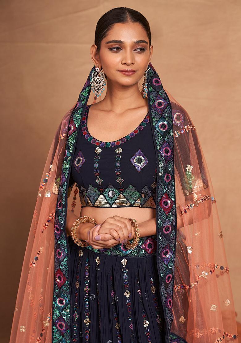Navy Blue Embroidered Georgette Lehenga Set