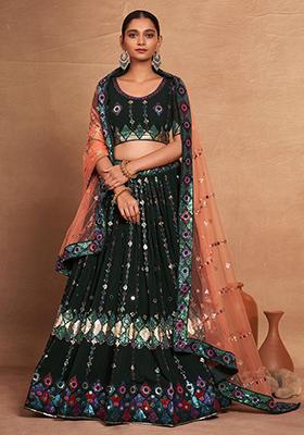 Green Sequin Embroidered Georgette Lehenga Set