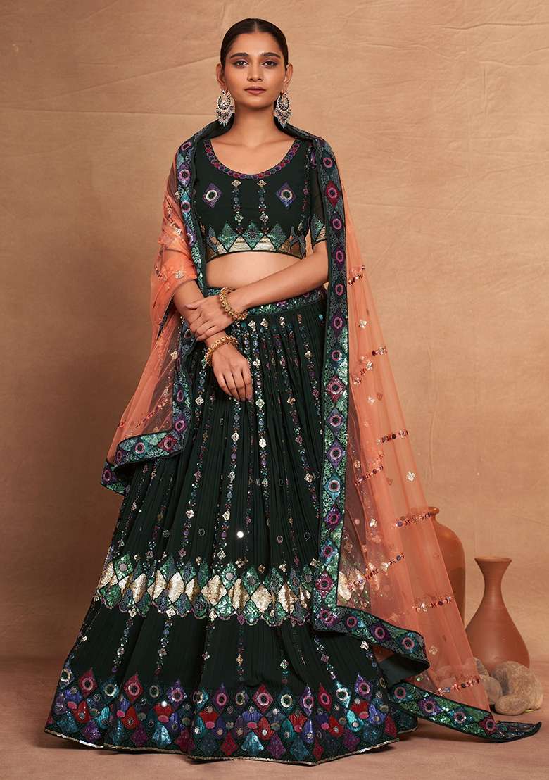 Green Sequin Embroidered Georgette Lehenga Set - Indya