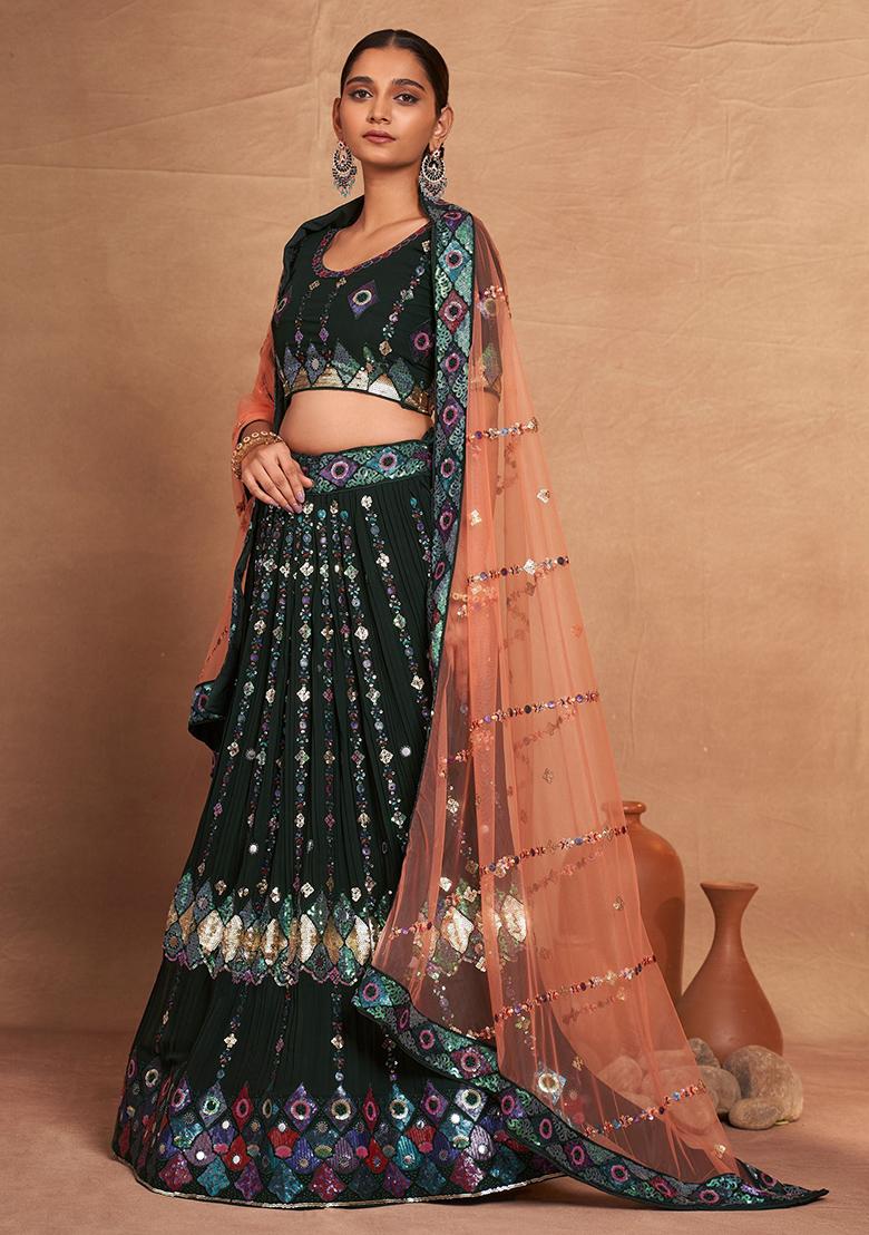 Green Sequin Embroidered Georgette Lehenga Set