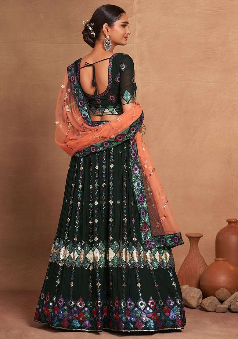 Green Sequin Embroidered Georgette Lehenga Set - Indya