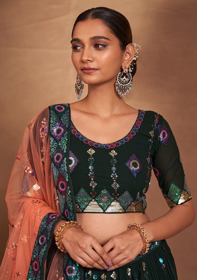 Green Sequin Embroidered Georgette Lehenga Set