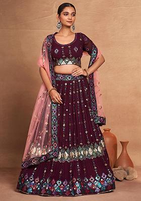 Wine Embroidered Georgette Lehenga Set