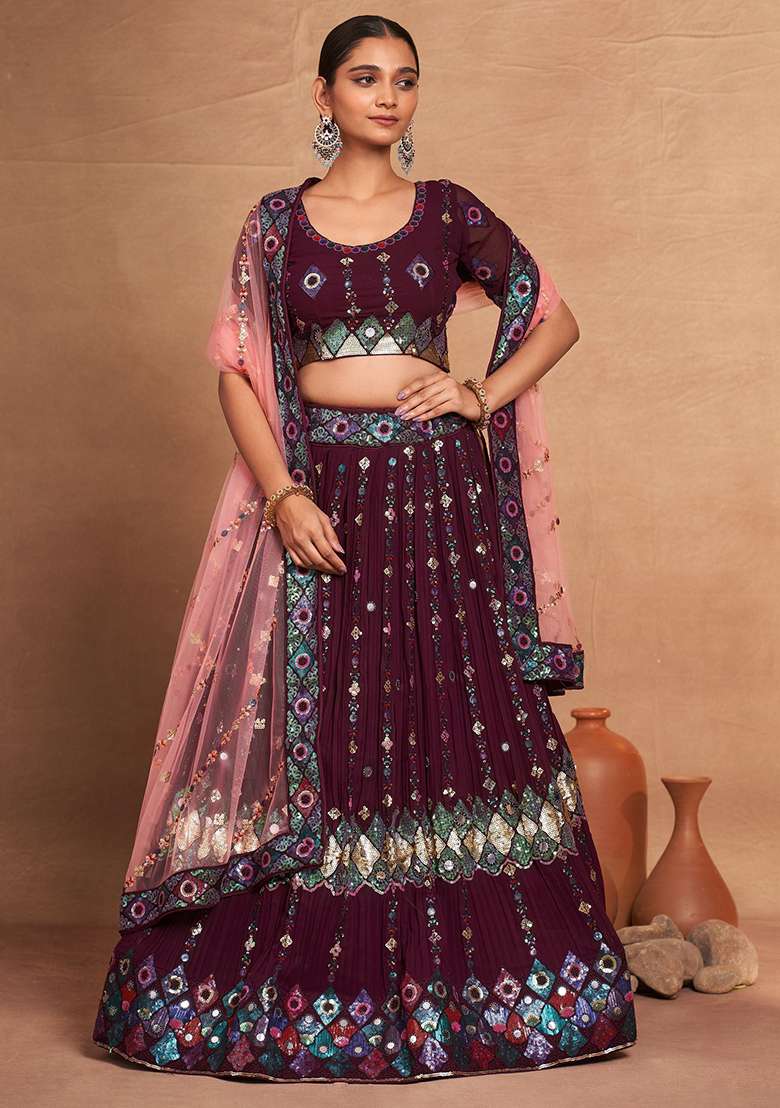 Wine Embroidered Georgette Lehenga Set - Indya