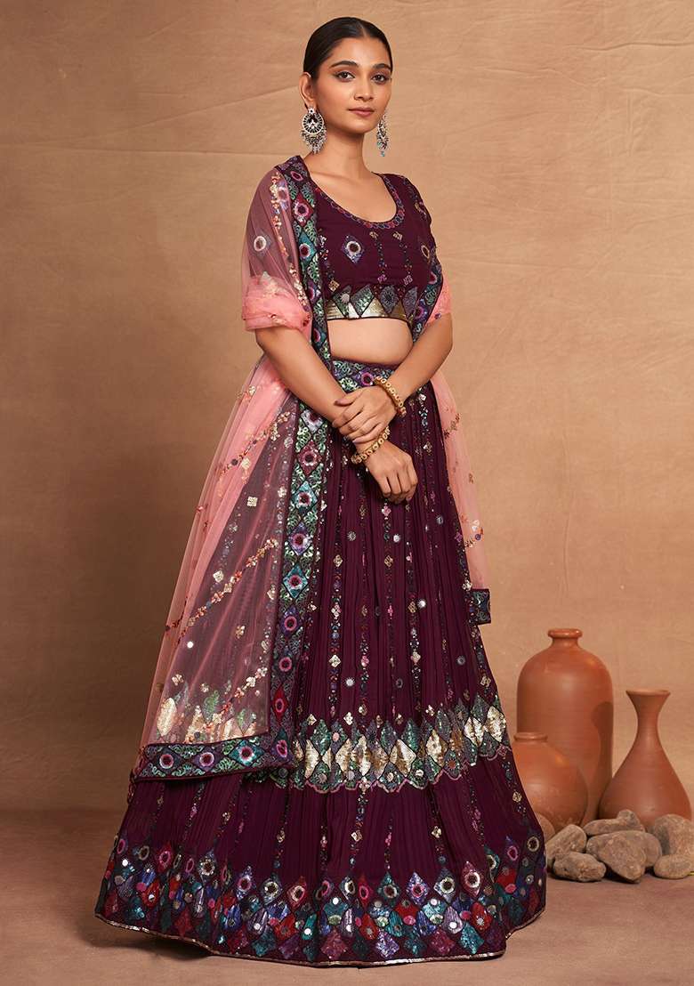 Wine Embroidered Georgette Lehenga Set - Indya