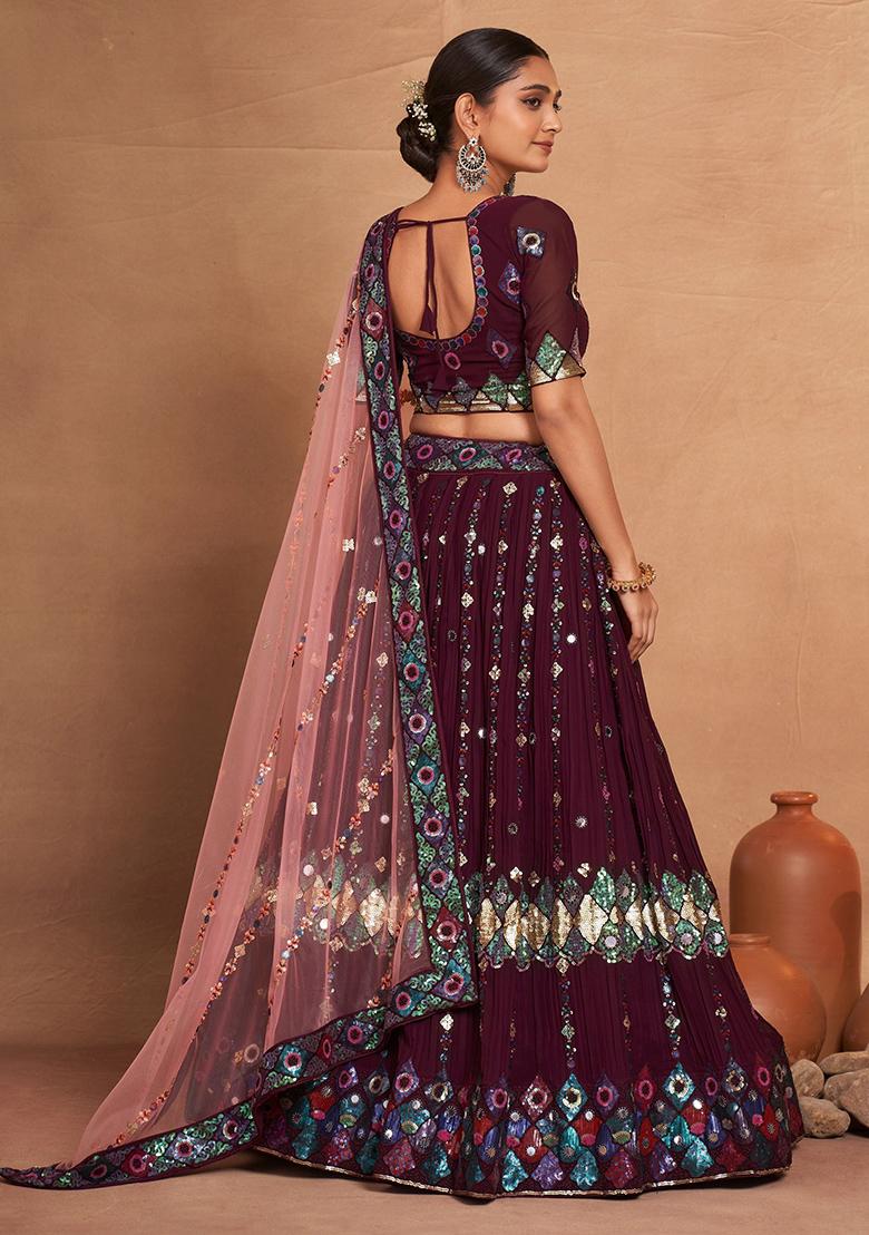 Wine Embroidered Georgette Lehenga Set