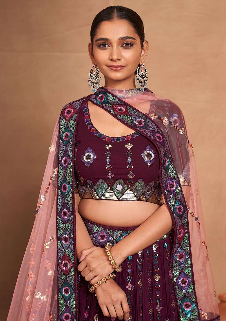 Wine Embroidered Georgette Lehenga Set - Indya