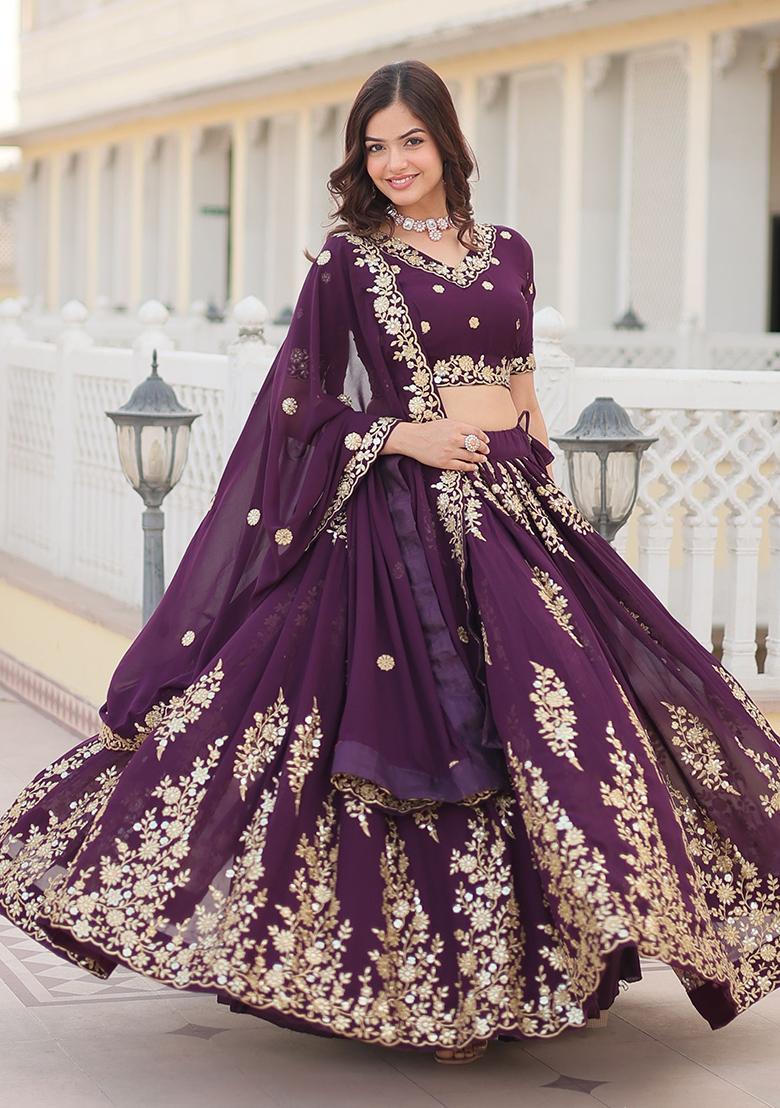 Wine Sequin Embroidered Georgette Lehenga Set