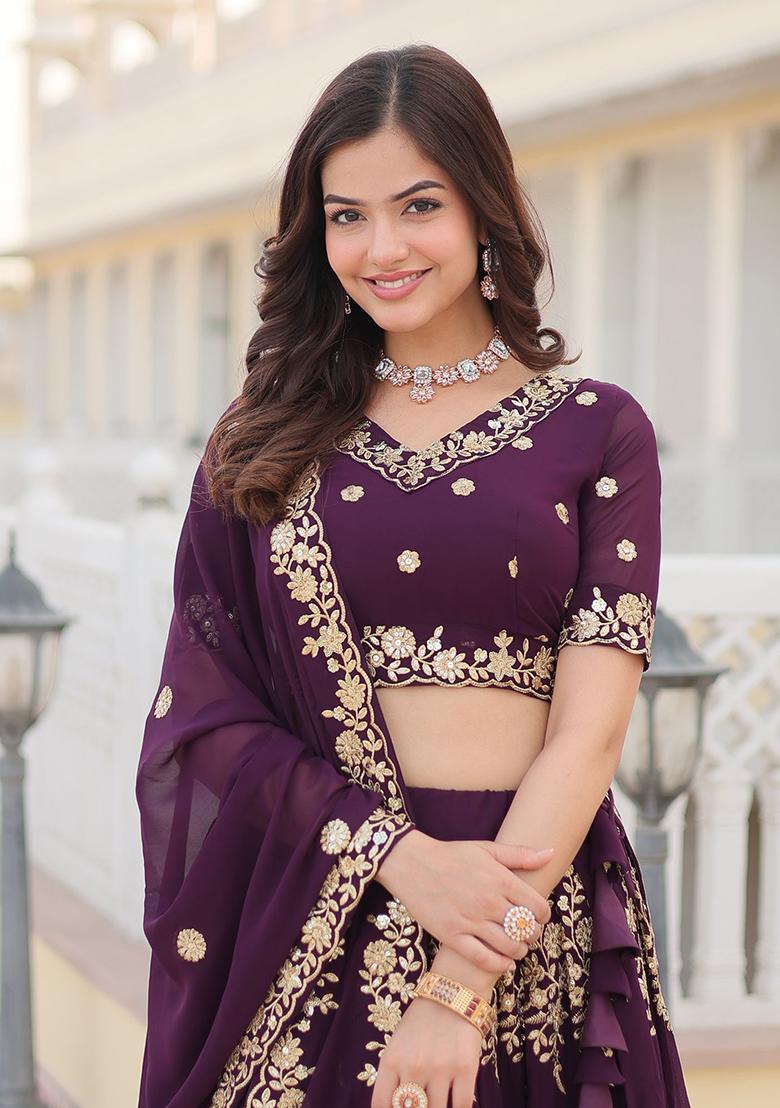 Wine Sequin Embroidered Georgette Lehenga Set