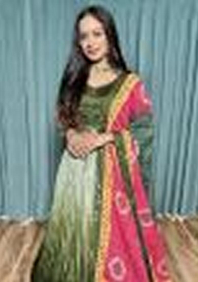 Green Sequin Embroidered Chinon Lehenga Set