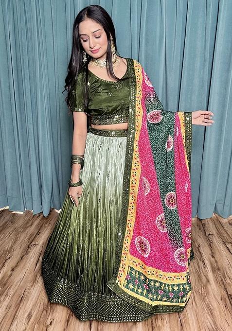 Green Sequin Embroidered Chinon Lehenga Set — view on Indya