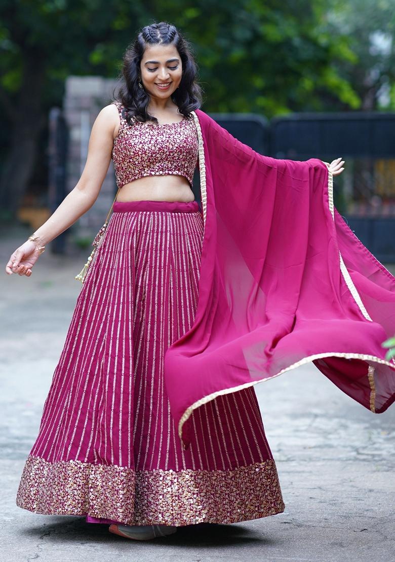 Purple Sequin Embroidered Georgette Lehenga Set