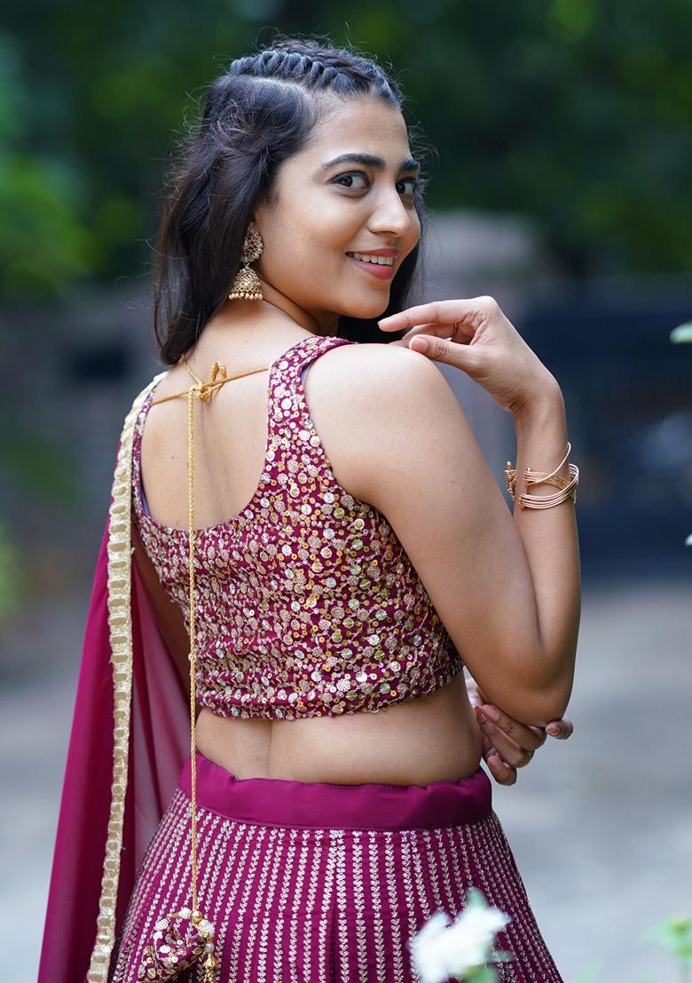 Purple Sequin Embroidered Georgette Lehenga Set