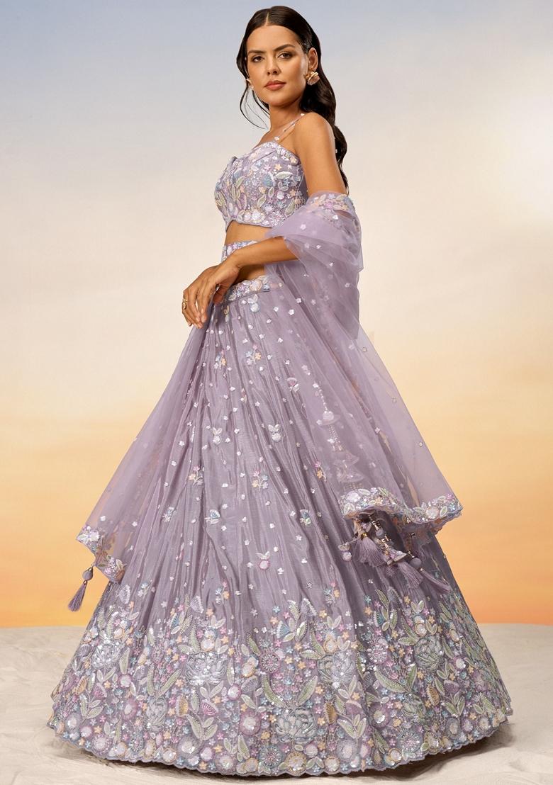Purple Sequin Embroidered Chiffon Lehenga Set