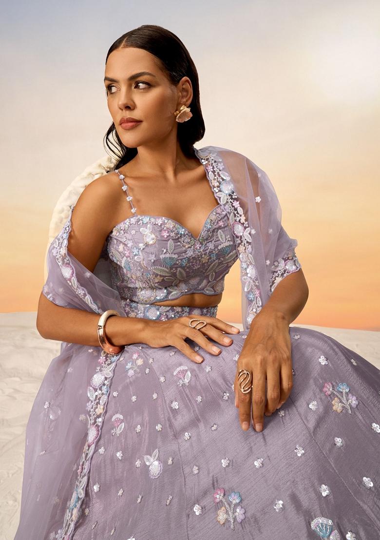 Purple Sequin Embroidered Chiffon Lehenga Set