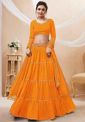 Yellow Printed Georgette Lehenga Set