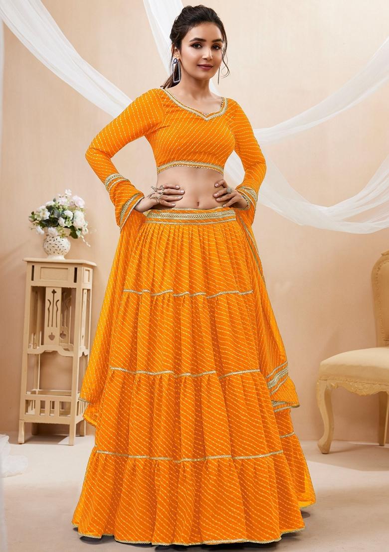 Yellow Printed Georgette Lehenga Set