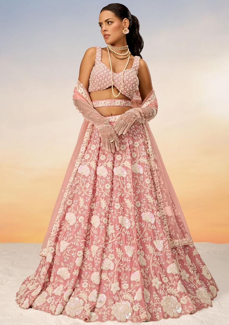 Peach Sequin Embroidered Georgette Lehenga Set